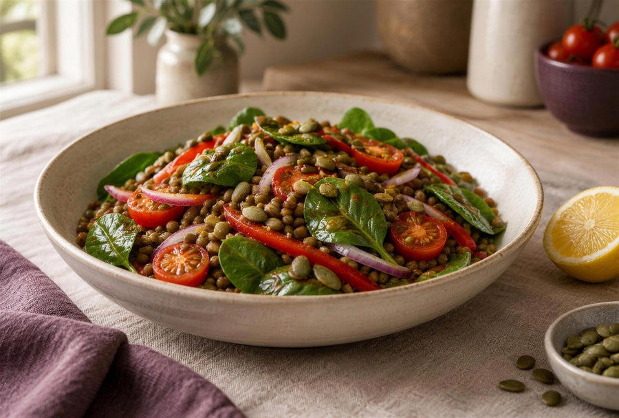 Warm lentil, capsicum and spinach salad