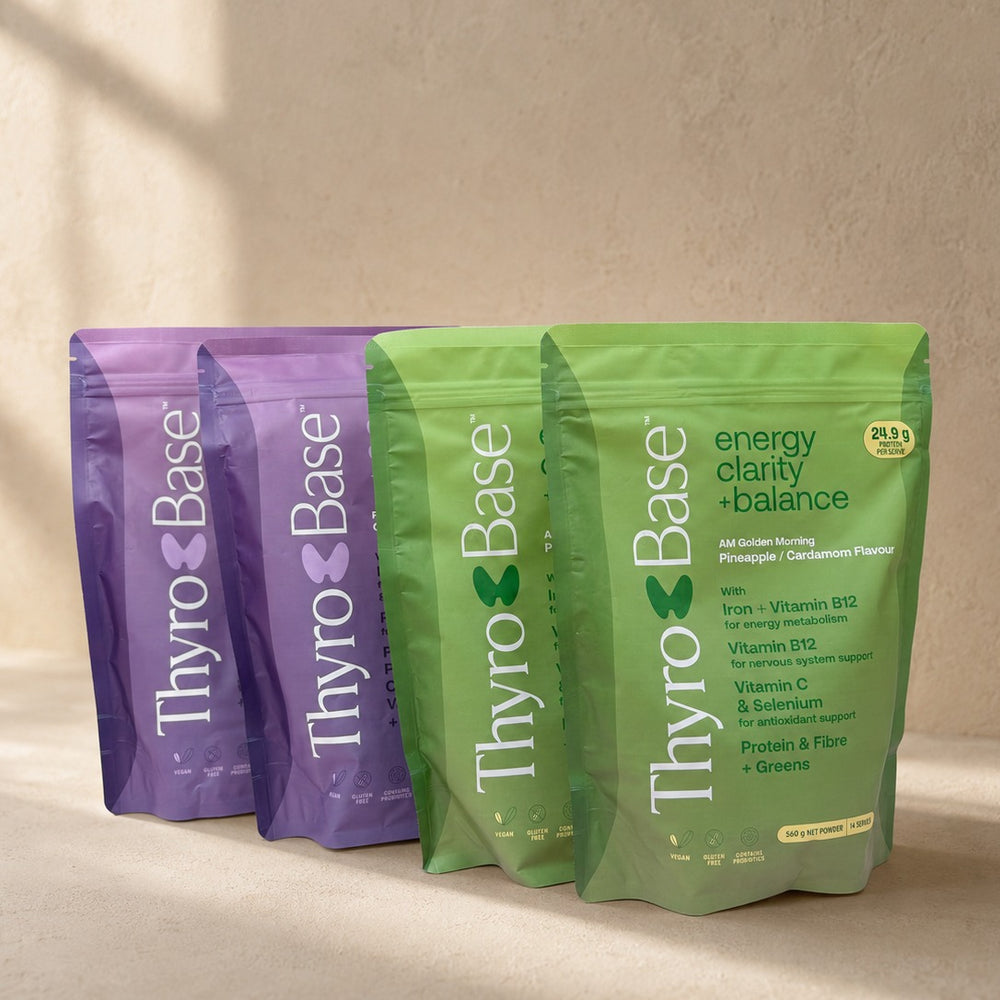 The ThyroBase System: two AM and two PM pouches on warm sand.