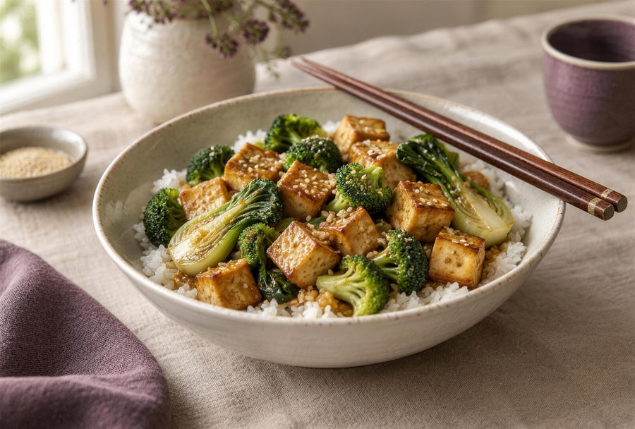 Tofu, broccoli and bok choy stir-fry