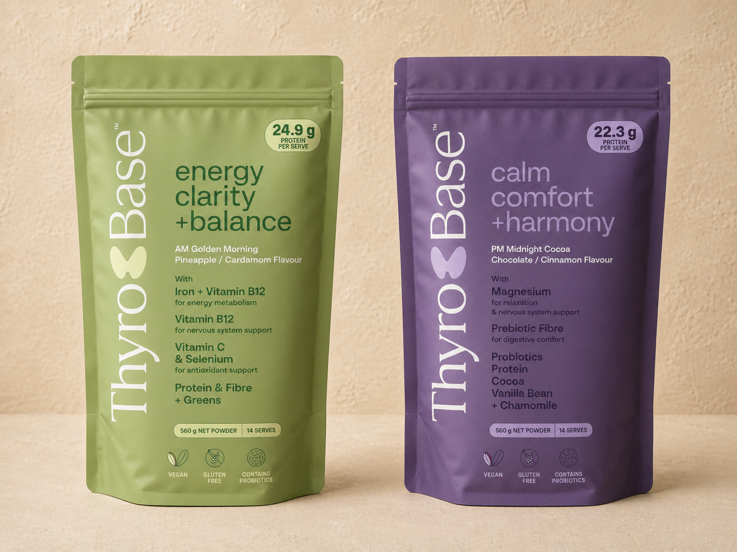 ThyroBase AM and PM pouches. AM is energy, clarity and balance. PM is calm, comfort and harmony.