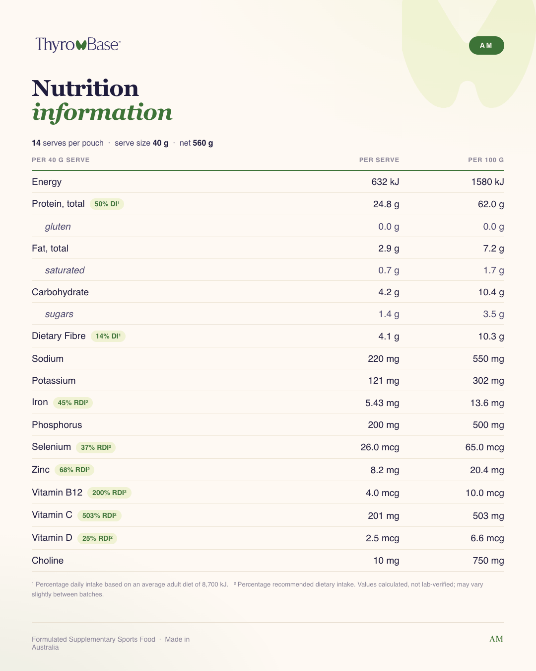 ThyroBase PM nutrition information panel. 14 serves per pouch, 40g serve. Energy, protein, magnesium, glycine and minerals per serve and per 100g.