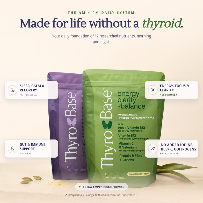 ThyroBase AM pouch, Pineapple and Cardamom, beside a bright morning smoothie with fresh pineapple, cardamom pods and eucalyptus in soft daylight.