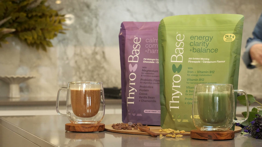 The finished AM and PM drinks beside their pouches on a kitchen bench.