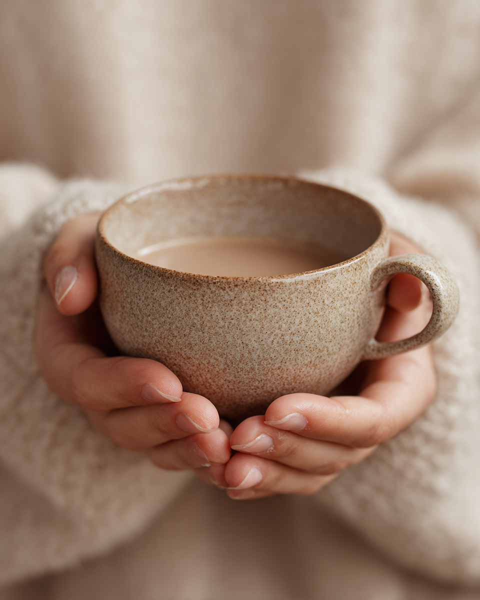 Two hands wrapped around a warm cup