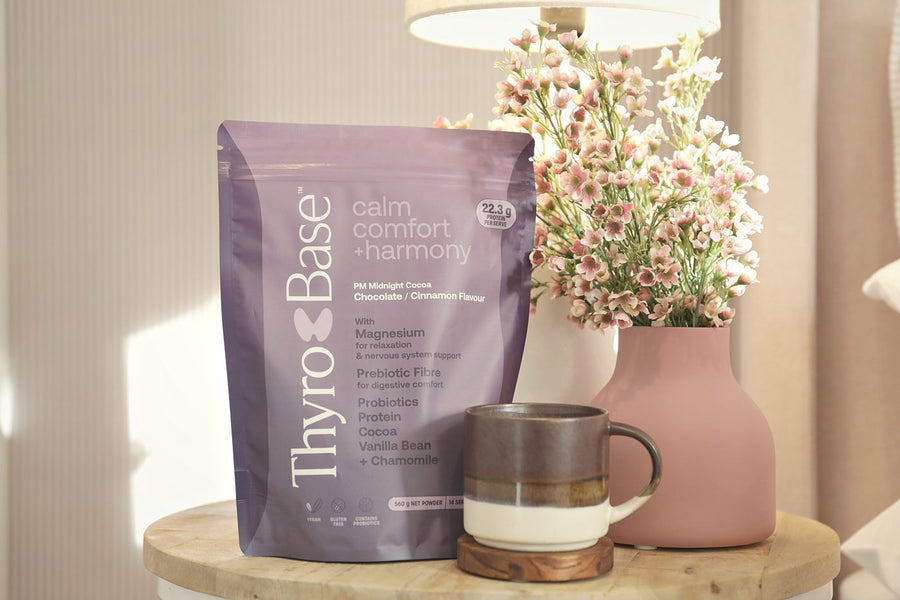 ThyroBase PM pouch on a bedside table beside a mug