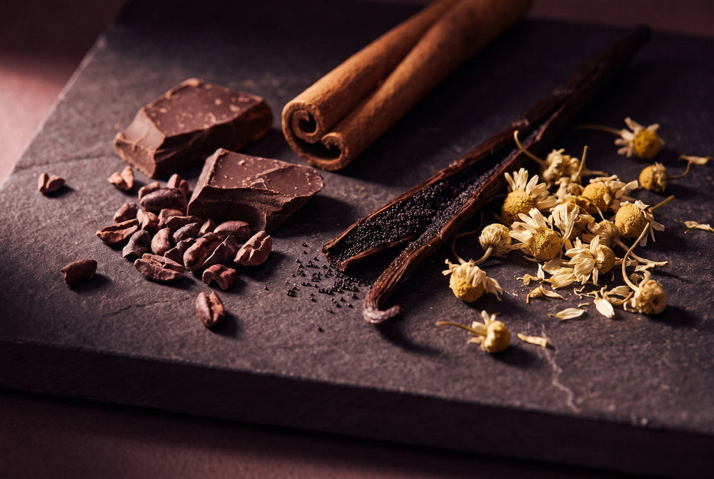 Cacao, cinnamon sticks, vanilla bean and chamomile flowers on dark slate