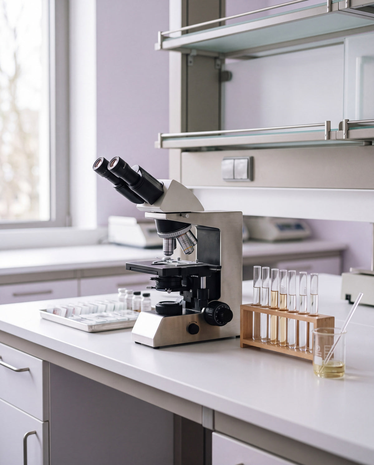 A quality-control laboratory bench with a microscope, glass slides and a rack of test tubes in soft daylight